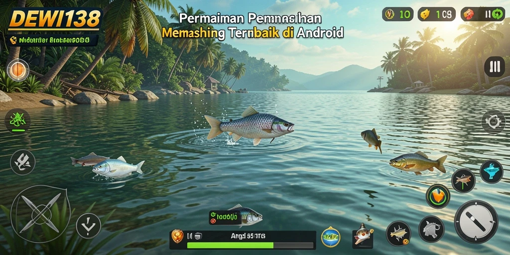 Screenshot utama DEWI138 dengan pemain sedang memancing di danau yang indah.