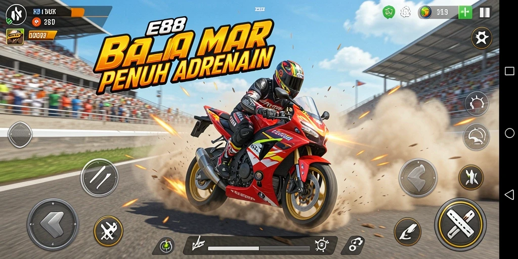 Screenshot menunjukkan aksi balap motor yang mendebarkan di E88.
