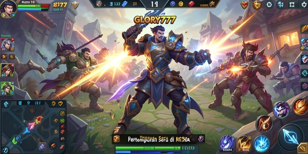 Tampilan gameplay menarik GLORY777 dengan aksi MOBA yang mendebarkan.