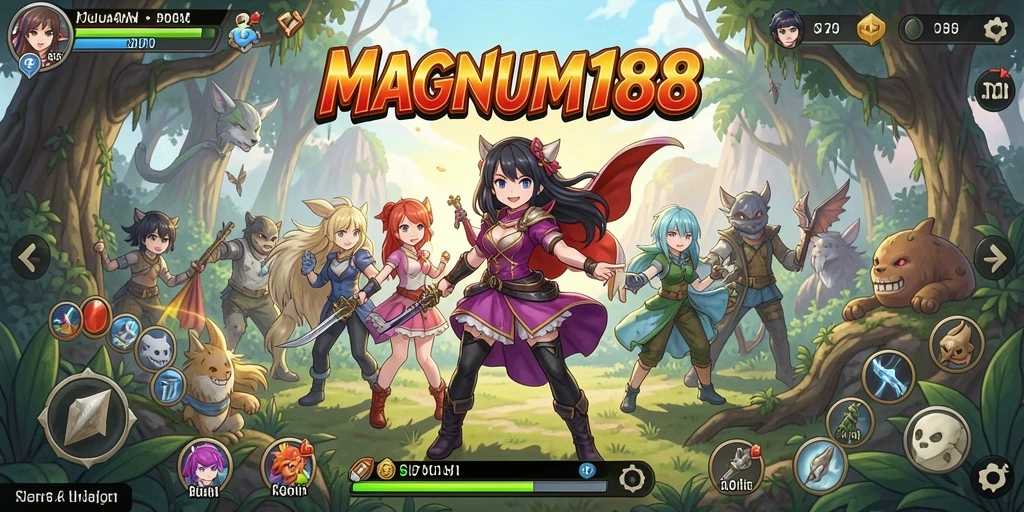 Screenshot utama MAGNUM188 menampilkan aksi seru di dunia anime.
